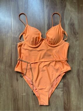 River Island Orange One-Piece Swimsuit with Gold Chain Belt